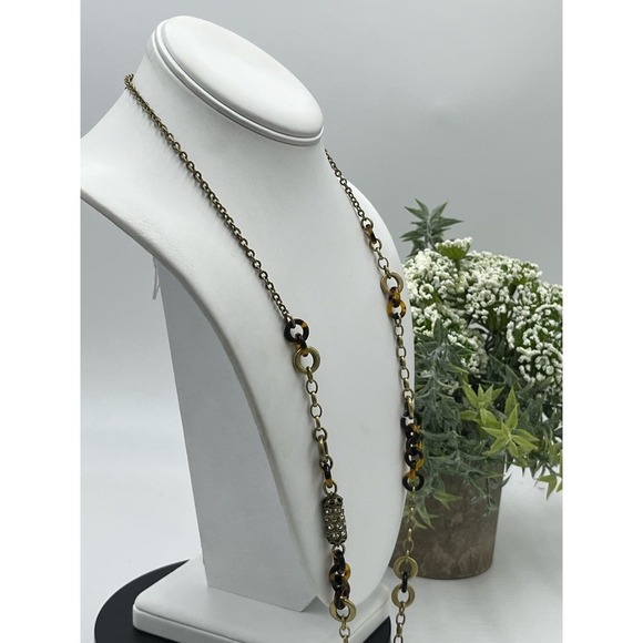 J. Crew‎ Tortoiseshell Links and Pave Barrel Beaded Long Necklace 30" - Picture 12 of 16